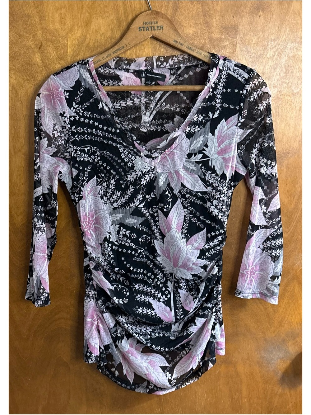 Witchy Y2K Black & Pink Floral Ruched Sheer Mesh Top Goth Fairy Grunge Pinup 90s